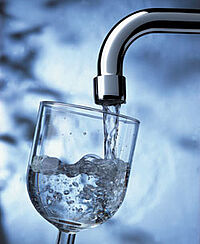 Aus einem Wasserhahn läuft Wasser sprudelnd in ein Glas.