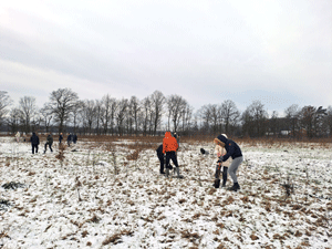 Ein großes Feld, leicht mit Schnee bedeckt, etwa zehn Personen stehen auf dem Feld verteilt und hantieren mit Spaten und anderen Werkzeugen.