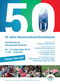 Einladung-Plakat zum 50-jährigen Jubiläum: im oberen Drittel eine große weiße 50 auf einem blau-grün-roten Hintergrund, darunter der Einladungstext und am unteren Bildrand einige Aufnahmen eines früheren Festes