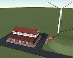 Screenshot aus der im Text genannten Animation: Grafik eines Betriebsgebäudes mit nebenstehender Windenergieanlage