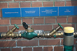 Die Zuleitung eines Hausanschlusses mit Absperrhähnen und Durchflussmesser.