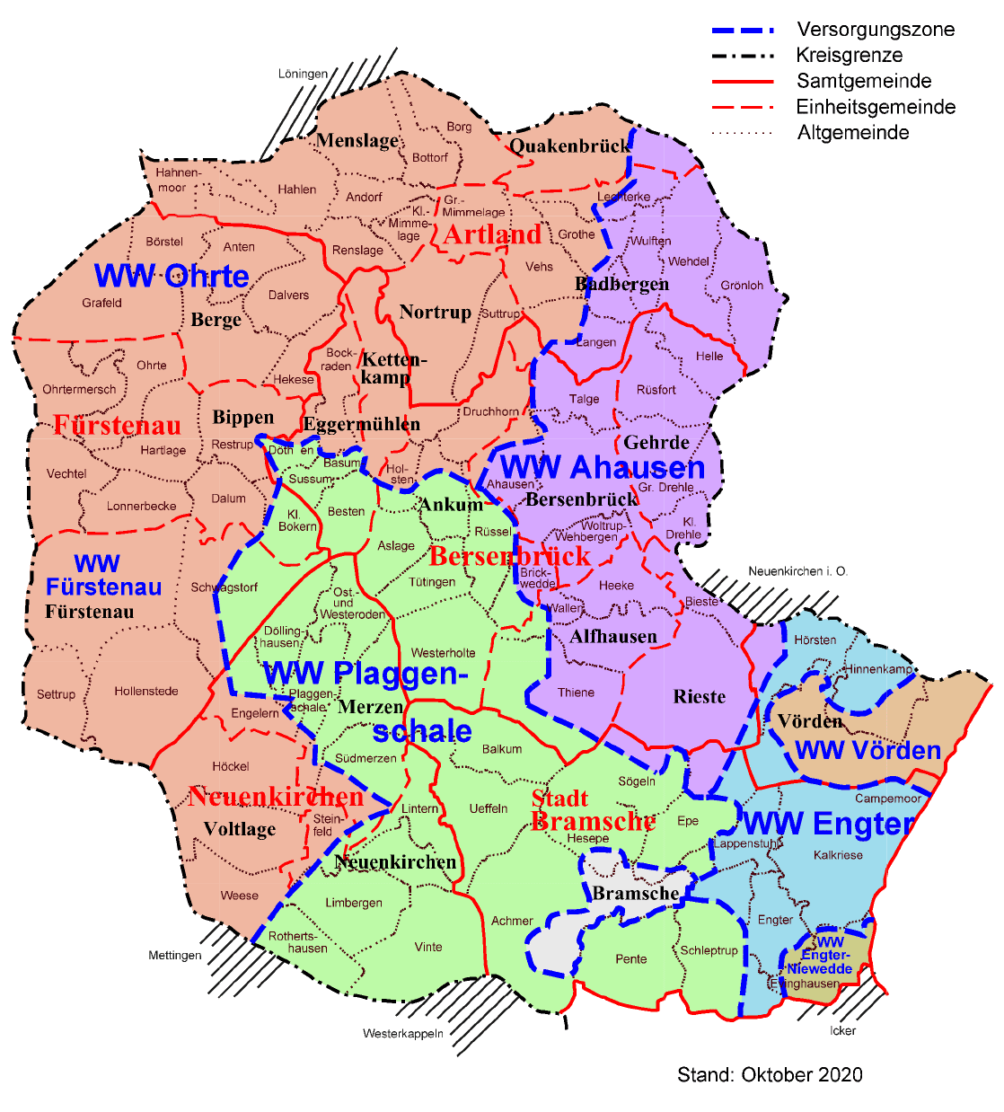 Eine Landkarte der Versorgungzonen der Wasserwerke rund um Bersenbrück. In verschiedenen Farben werden die Bereiche der Wasserwerk Ohrte, Fürstenau, Ahausen, Plaggenschale, Vörden und Engter angezeigt.