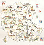 Eine Landkarte der Gemeinden; statt der üblichen Darstellung sind für jeden Ort Sehenswürdigkeiten grafisch gezeigt. Rings um die Karte sind die Wappen der einzelnen Gemeindeteile zu sehen.