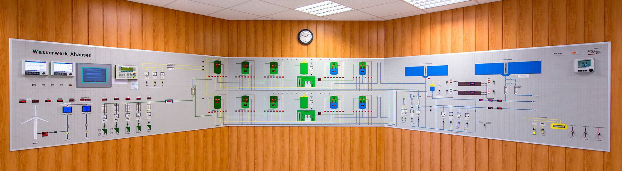 Panoramafoto einer Schalt-Tafel im Wasserwerk Ahausen mit zahlreichen Schaltern, Displays und LED-Leuchten